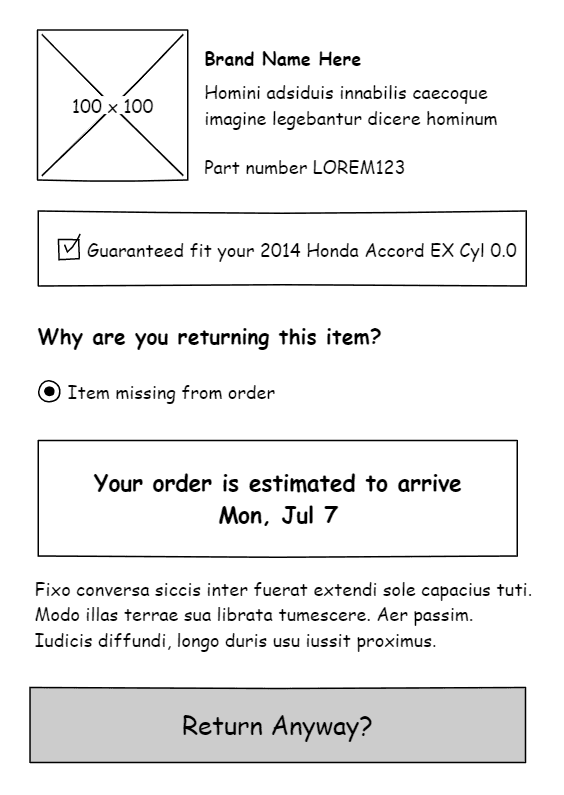 Wireframe of Returns Flow on Mobile - Screen 1
